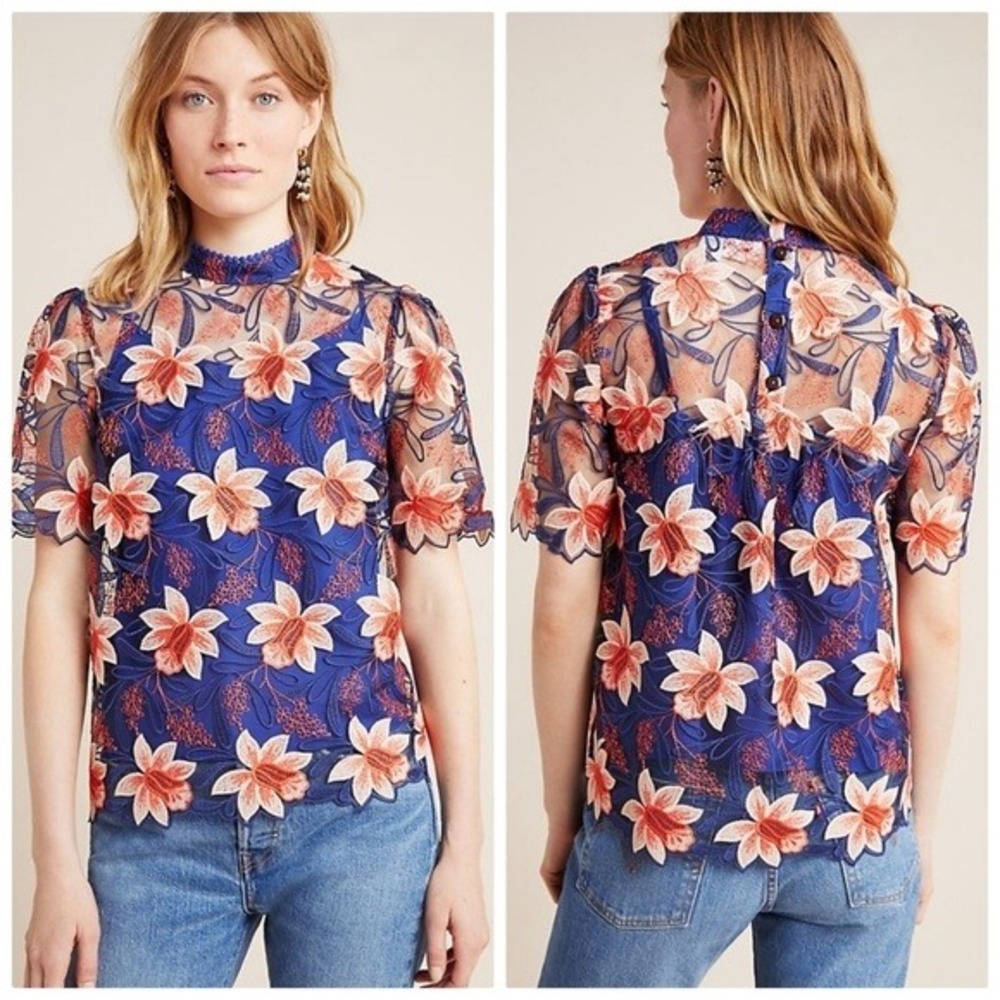 NWT Anthropologie Callaway‎ Swing Blouse Size 14 Navy Orange Floral Embroidered